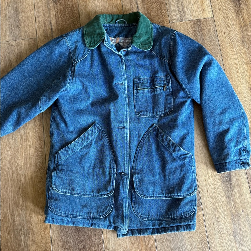Blue Denim Jacket with Green Collar